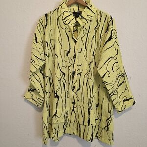 Ali Miles Tunic Top Crinkle Artsy Neon Yellow Abstract Wired Collar Women's LG